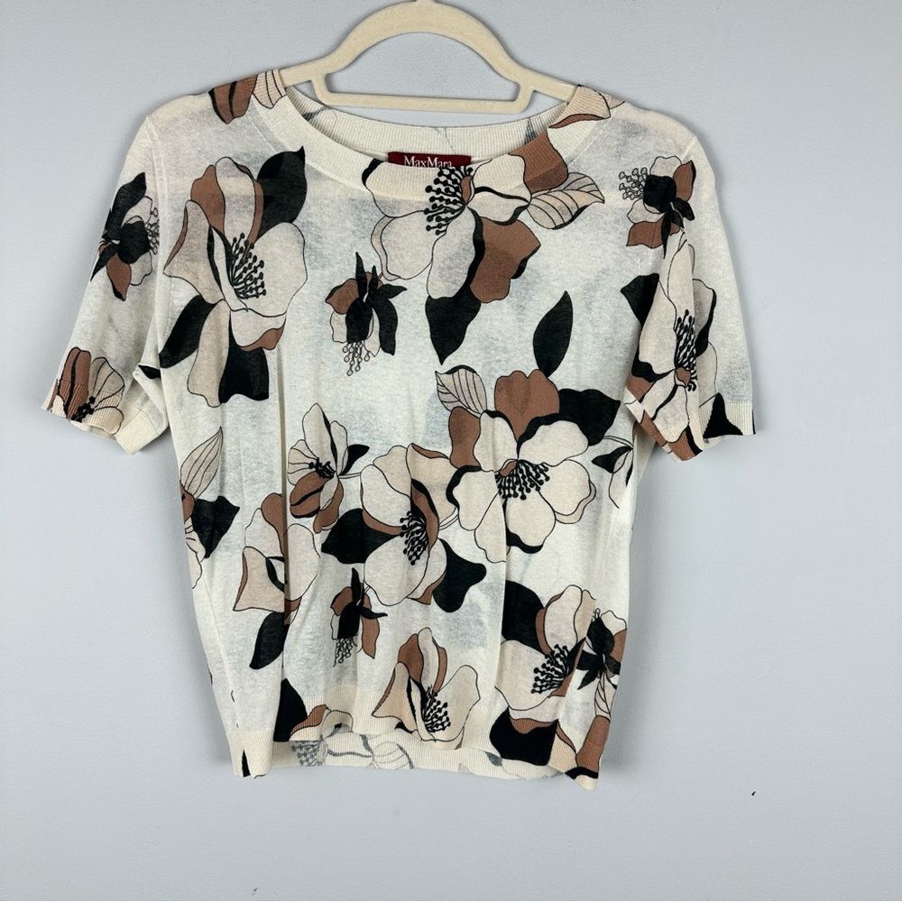 Max Mara Floral Knit Short Sleeve Top Neutral Print Cream Sweater Tee Size S